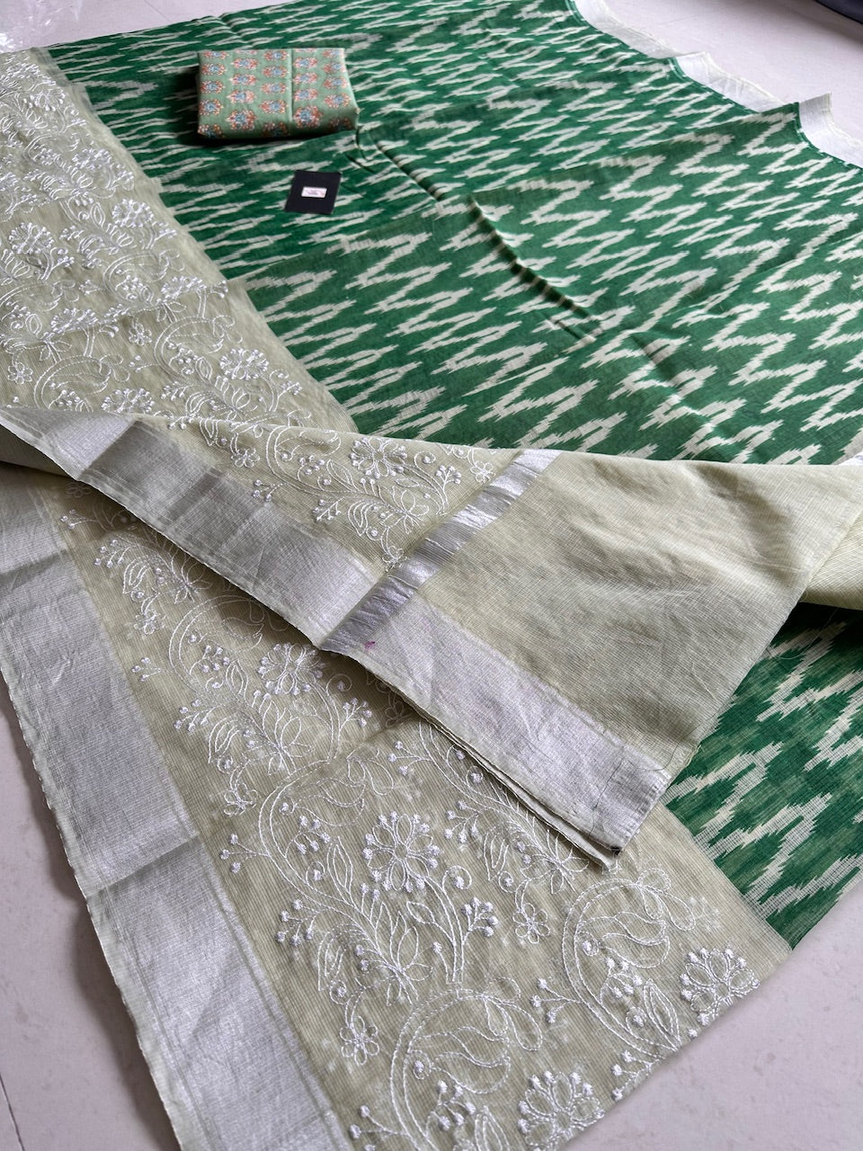 Embroidered HandBlock Printed Kota Cotton Doria Saree