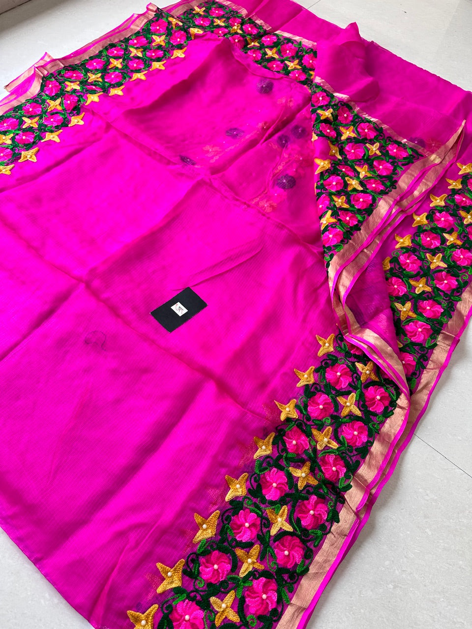 Pure Woolen Thread Embroidered Kota Silk Saree