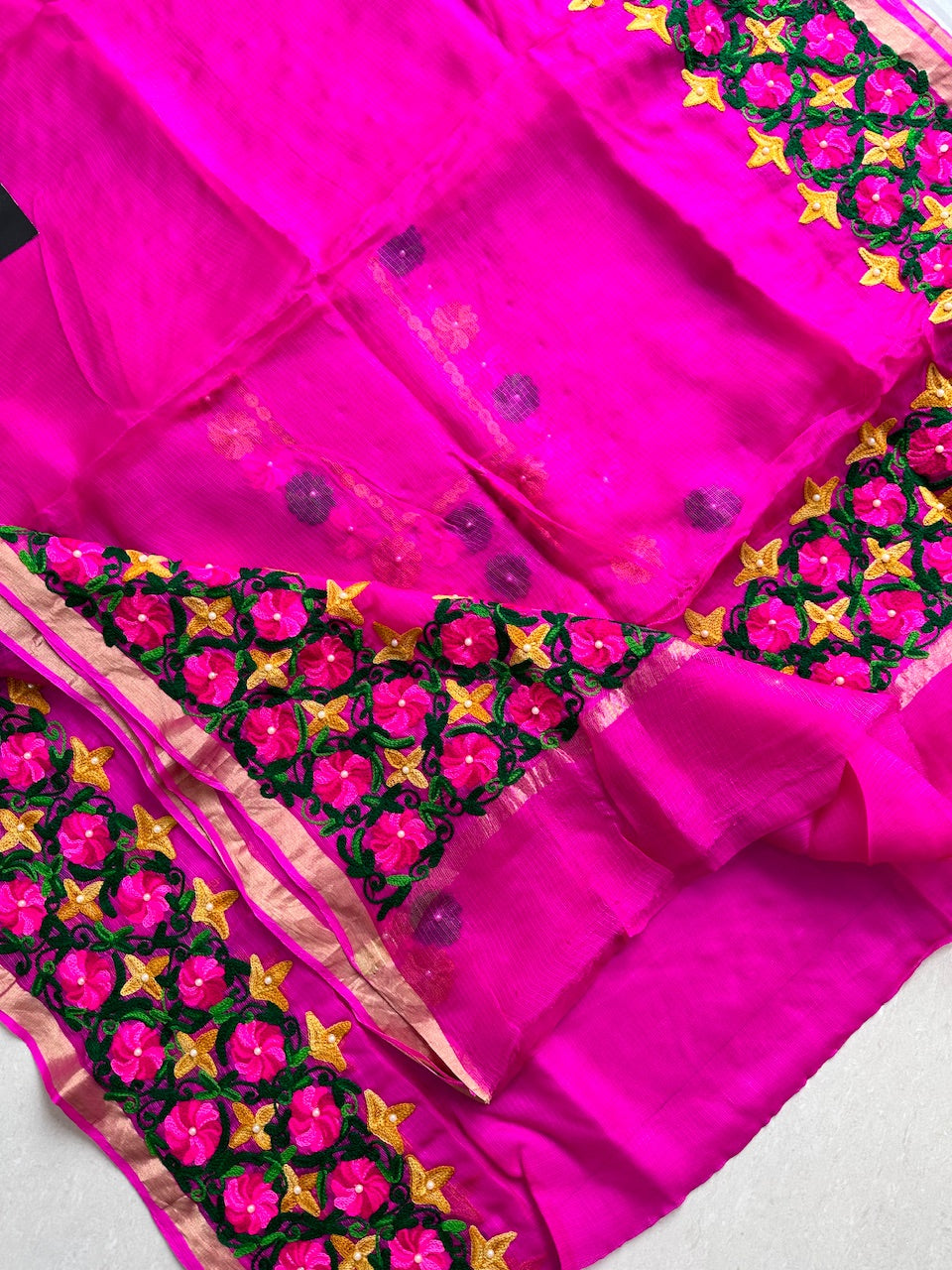 Pure Woolen Thread Embroidered Kota Silk Saree