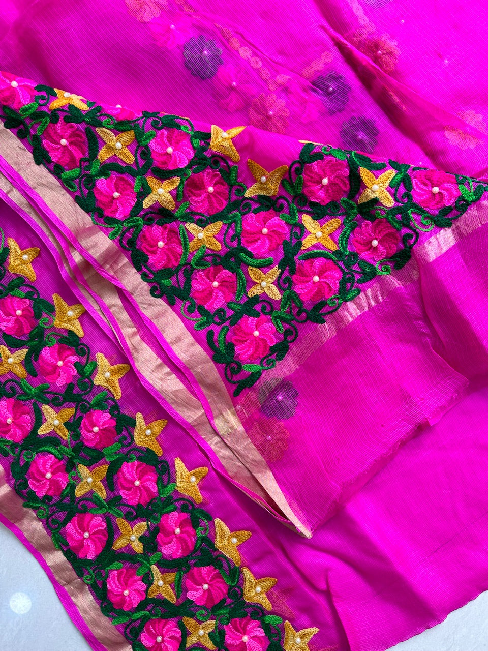 Pure Woolen Thread Embroidered Kota Silk Saree