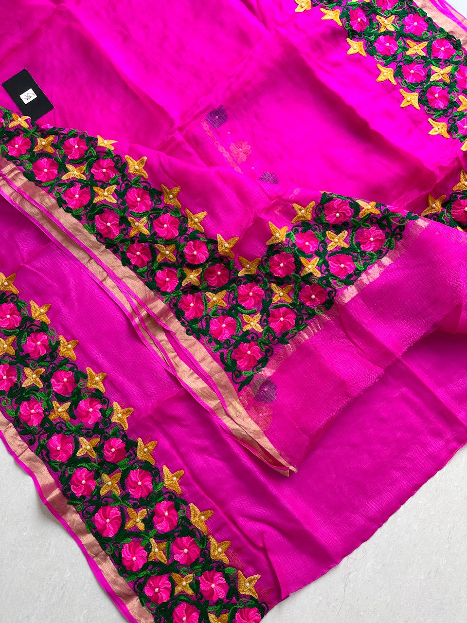 Pure Woolen Thread Embroidered Kota Silk Saree