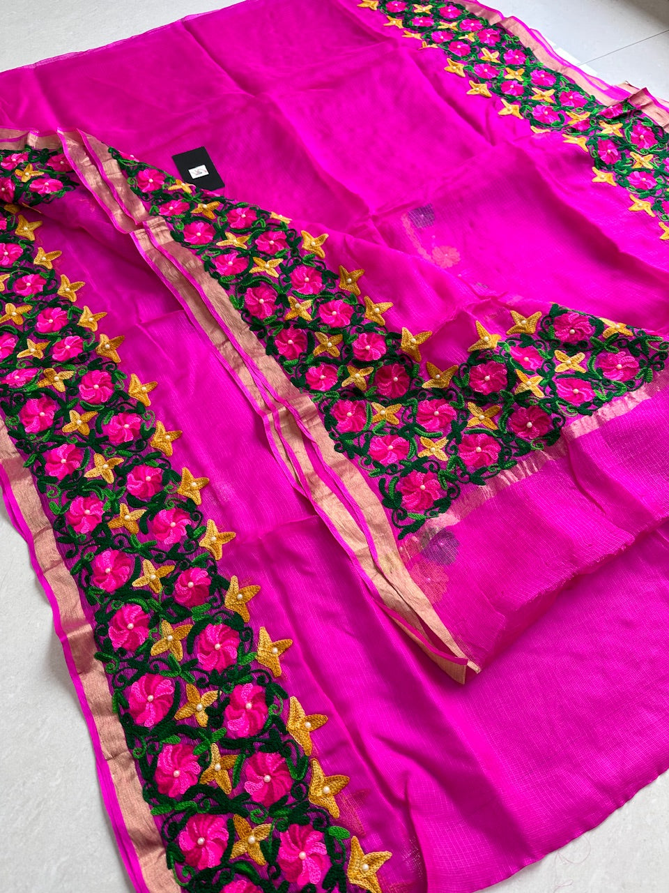 Pure Woolen Thread Embroidered Kota Silk Saree