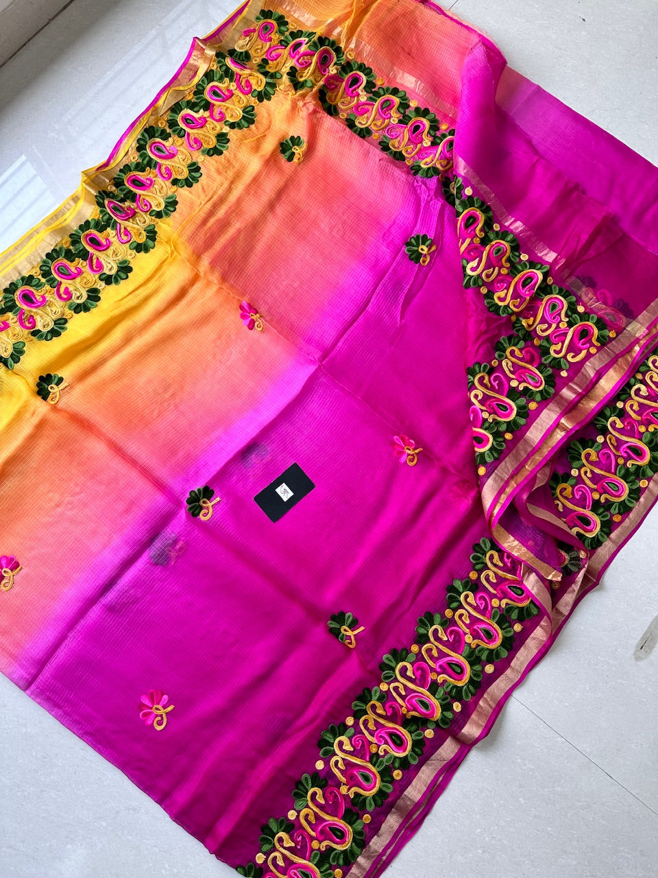 Pure Woolen Thread Embroidered Kota Silk Saree