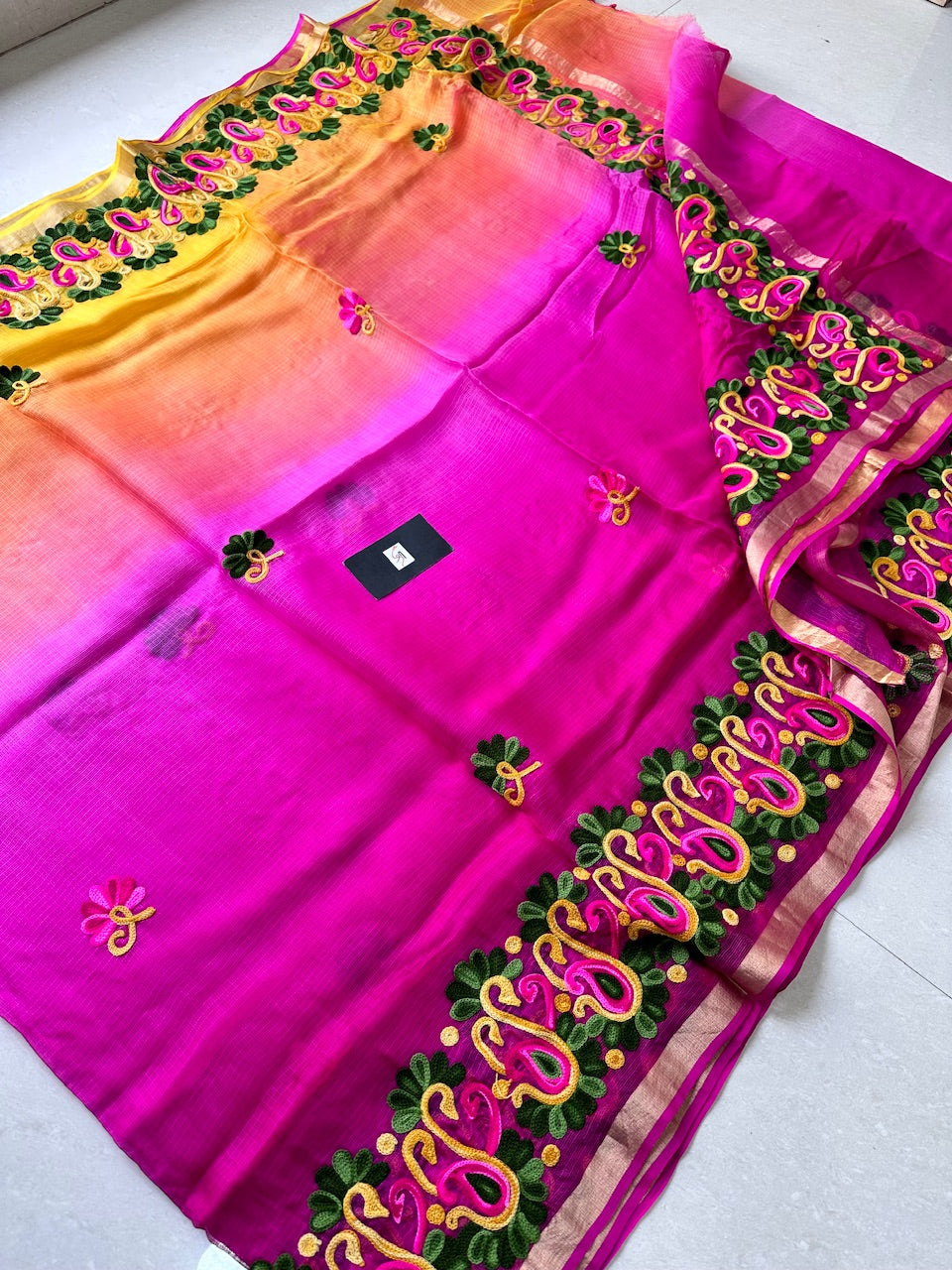 Pure Woolen Thread Embroidered Kota Silk Saree