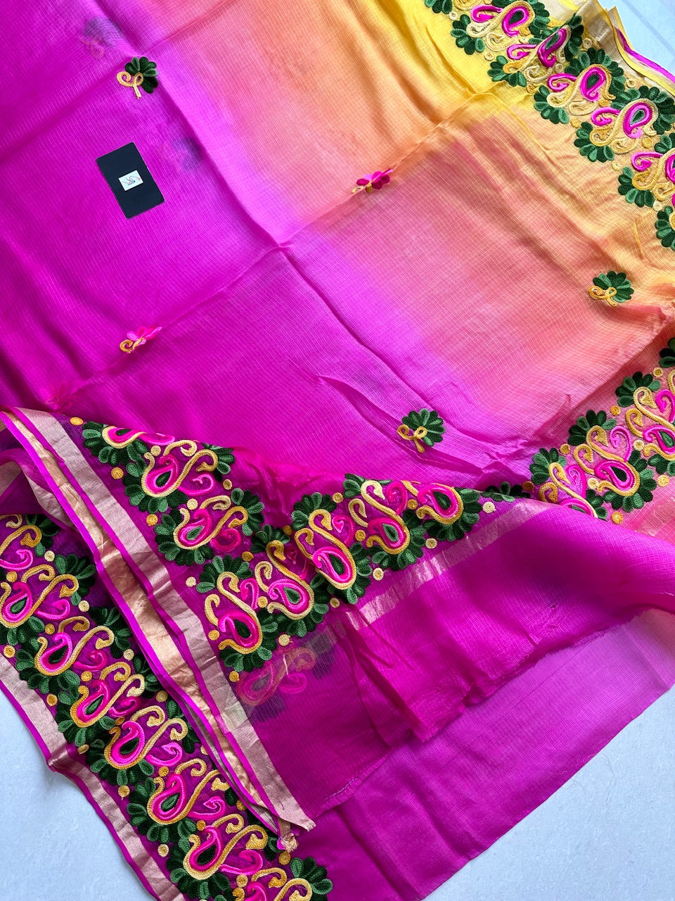 Pure Woolen Thread Embroidered Kota Silk Saree