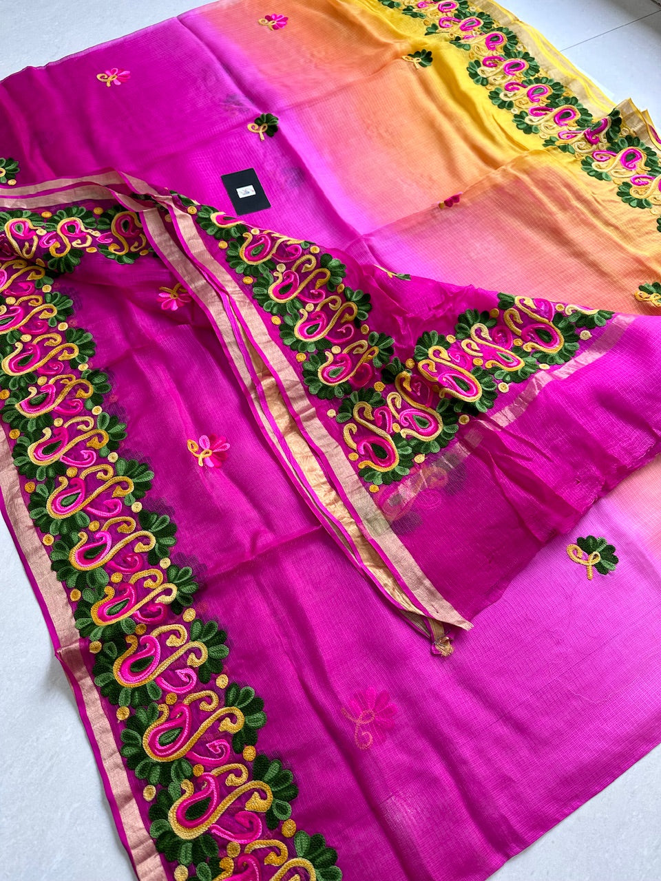 Pure Woolen Thread Embroidered Kota Silk Saree