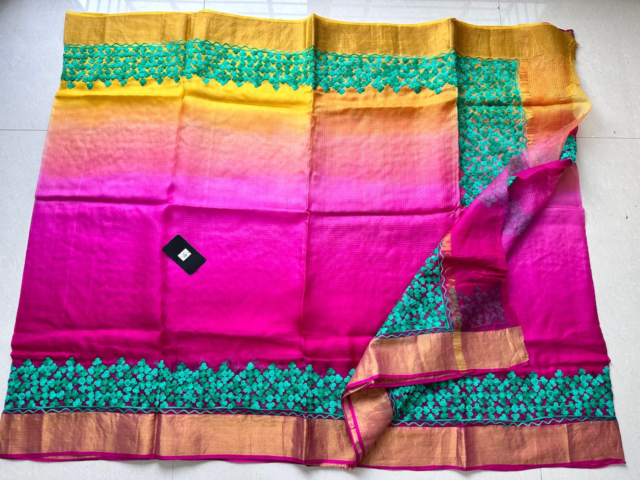 Pure Woolen Thread Embroidered Kota Silk Saree