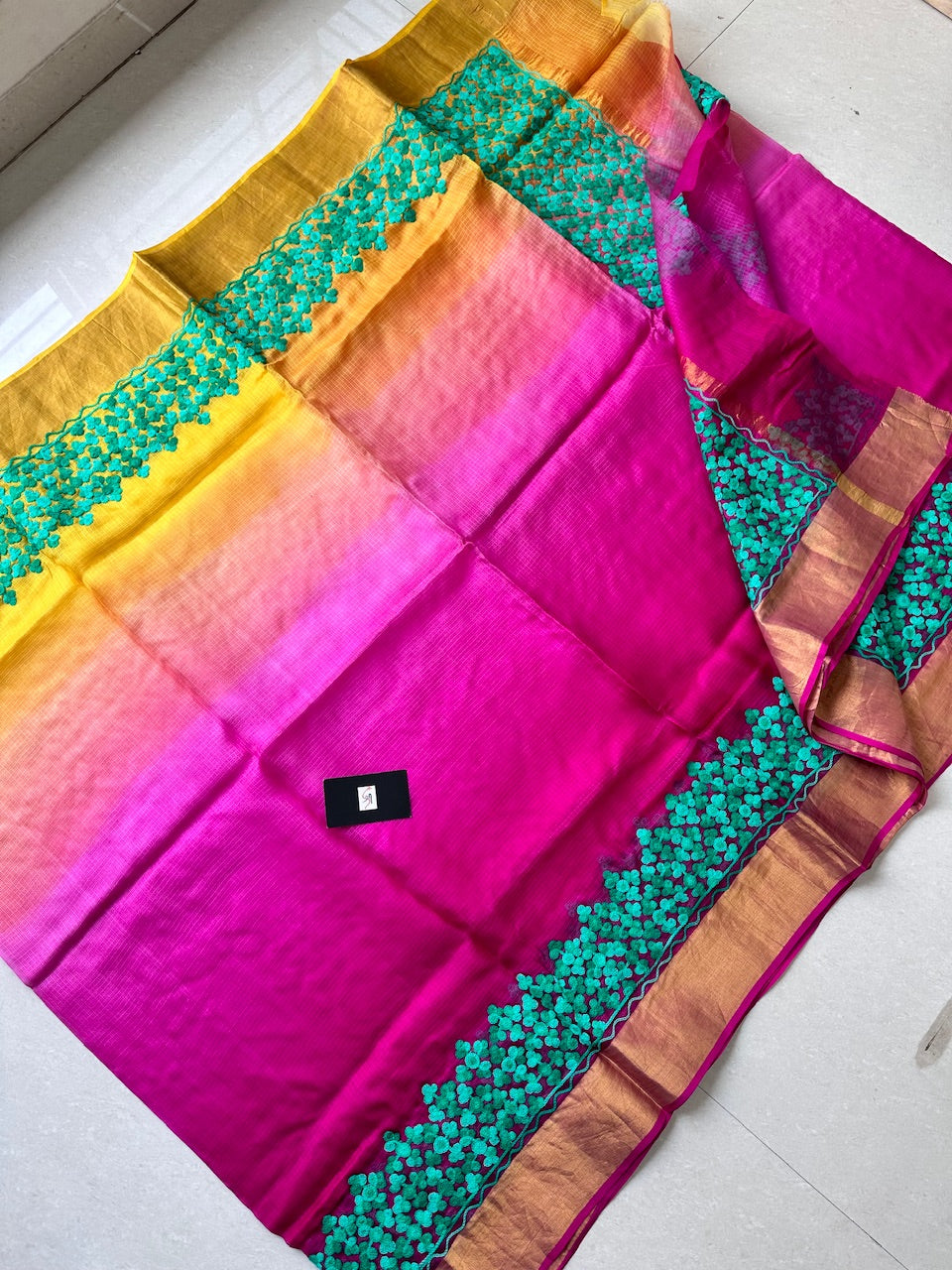 Pure Woolen Thread Embroidered Kota Silk Saree