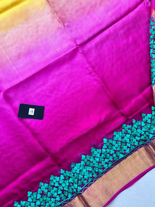 Pure Woolen Thread Embroidered Kota Silk Saree