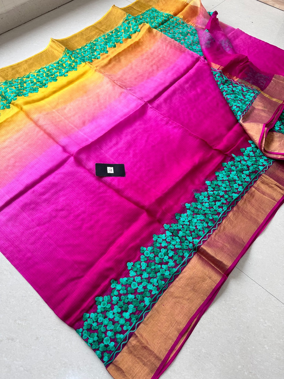 Pure Woolen Thread Embroidered Kota Silk Saree