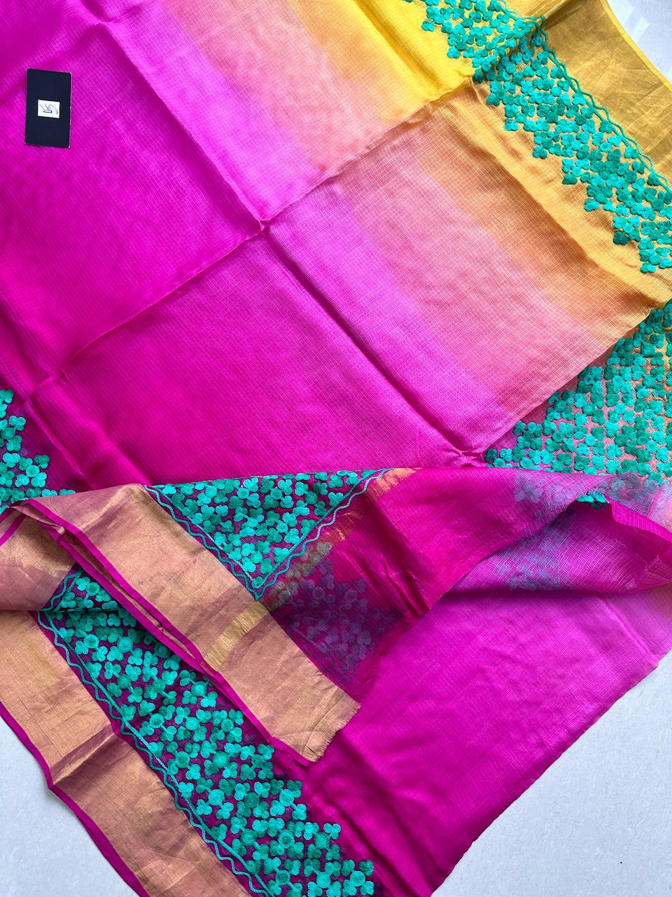 Pure Woolen Thread Embroidered Kota Silk Saree