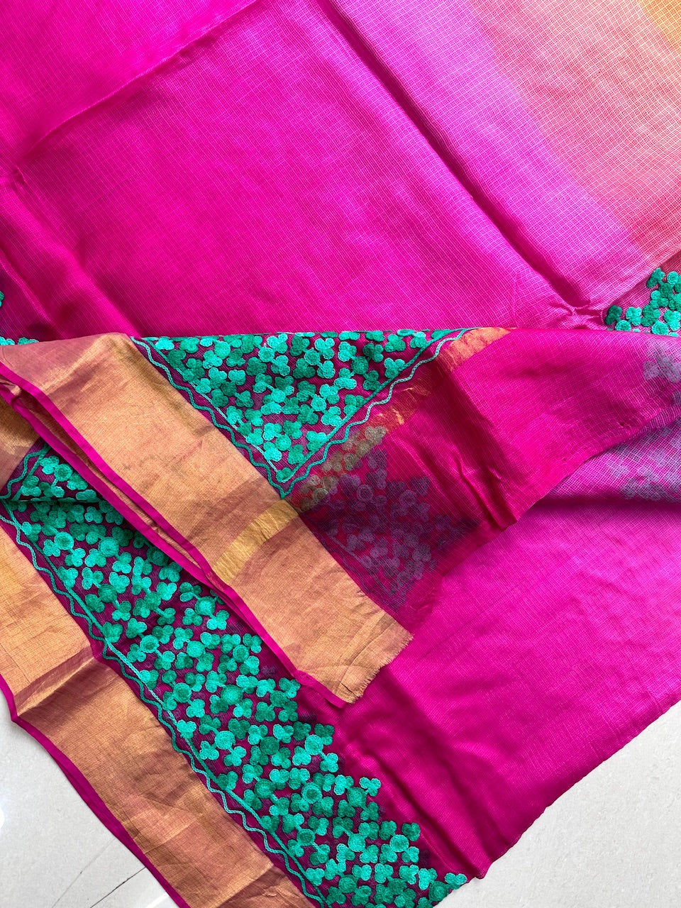 Pure Woolen Thread Embroidered Kota Silk Saree