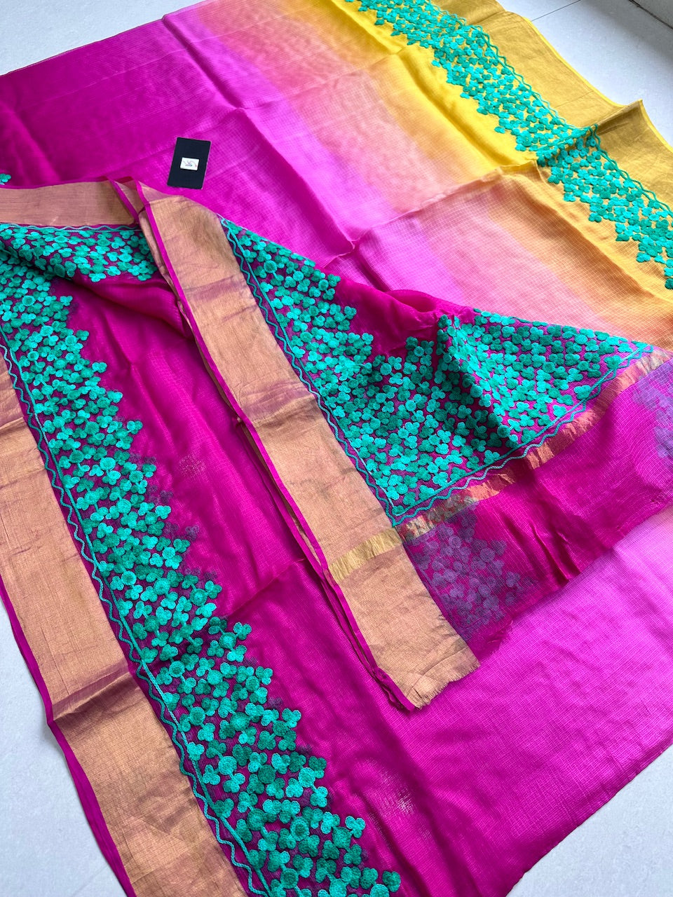 Pure Woolen Thread Embroidered Kota Silk Saree