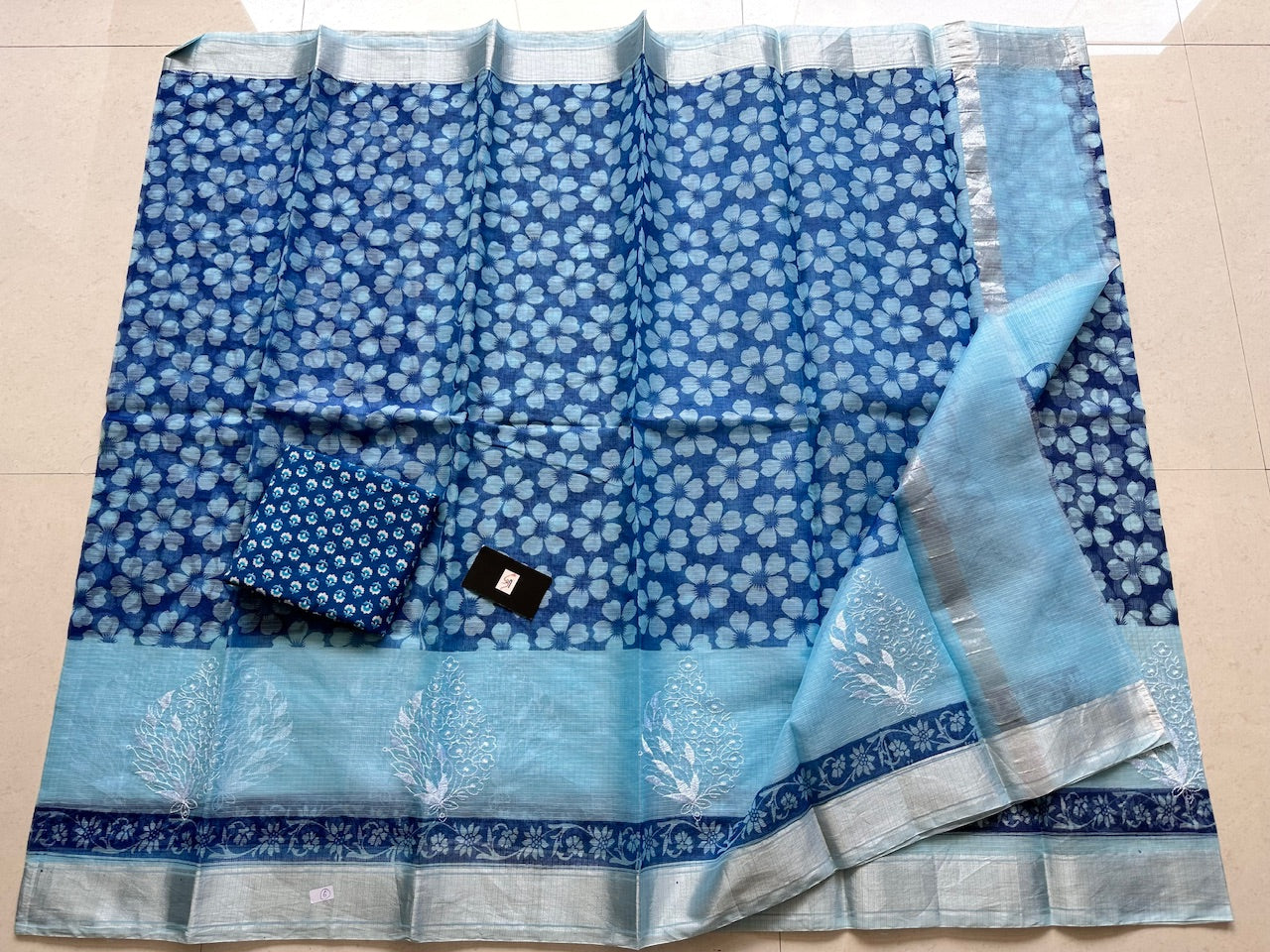 Embroidered HandBlock Printed Kota Cotton Doria Saree