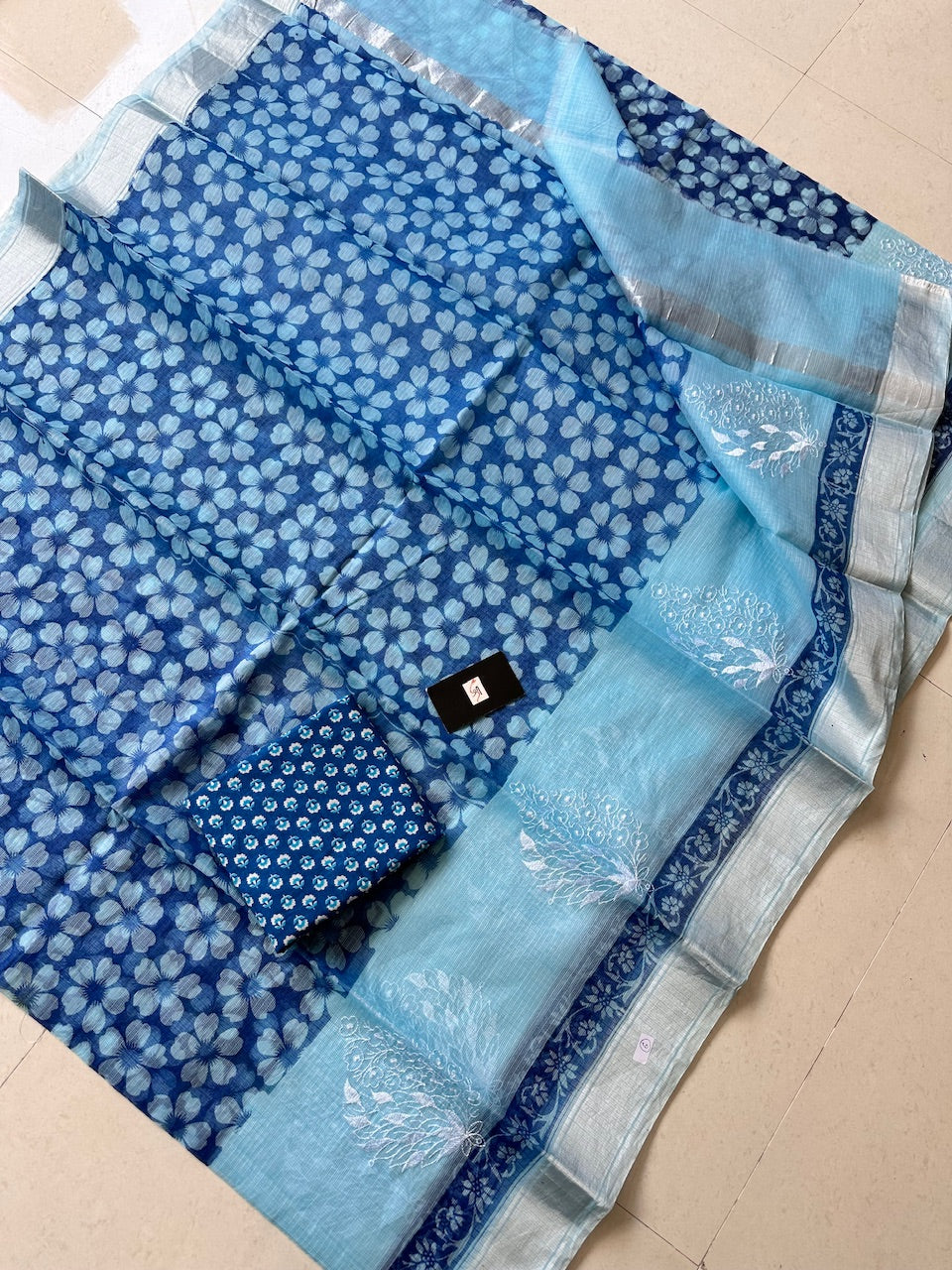 Embroidered HandBlock Printed Kota Cotton Doria Saree