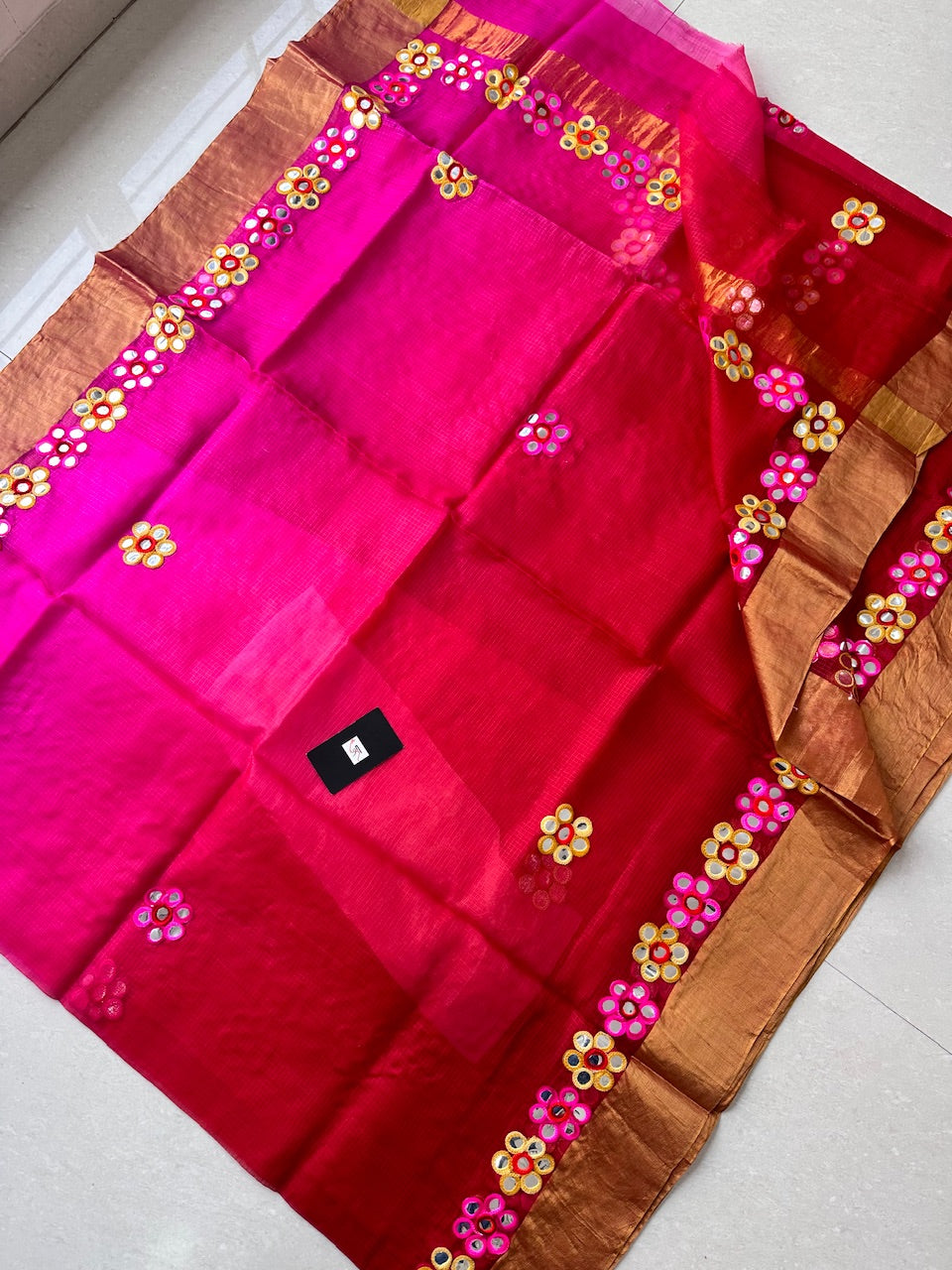 Pure Foil Mirror Embroidered Kota Silk Saree