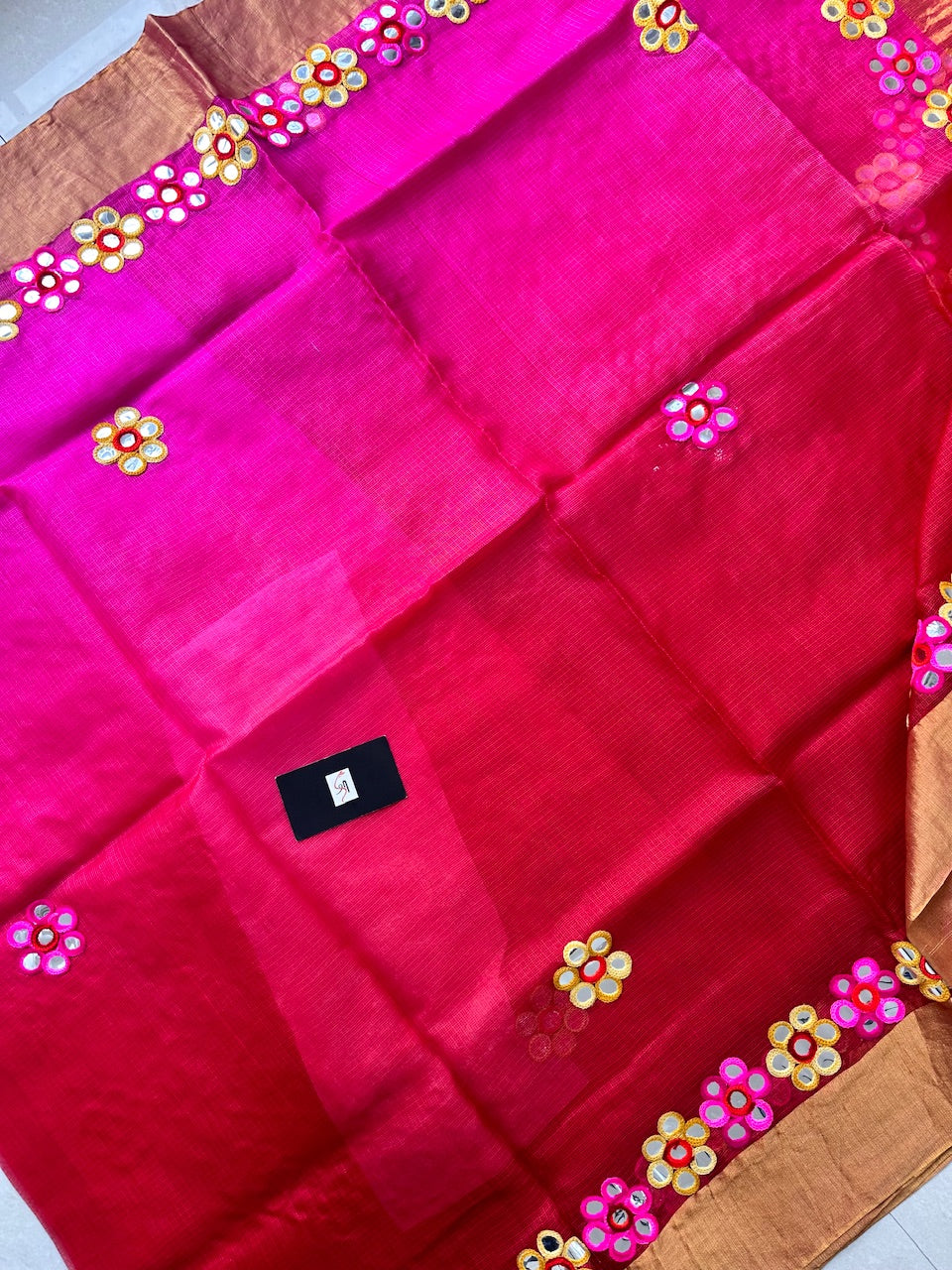 Pure Foil Mirror Embroidered Kota Silk Saree