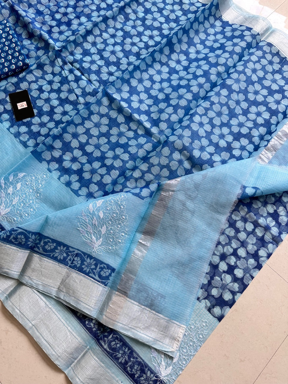 Embroidered HandBlock Printed Kota Cotton Doria Saree