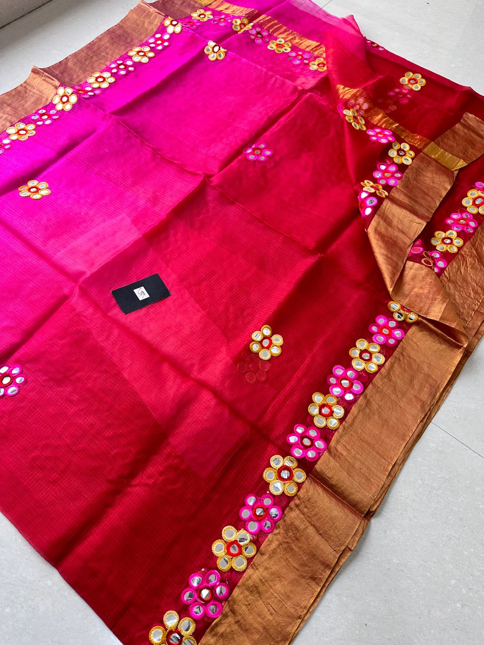 Pure Foil Mirror Embroidered Kota Silk Saree