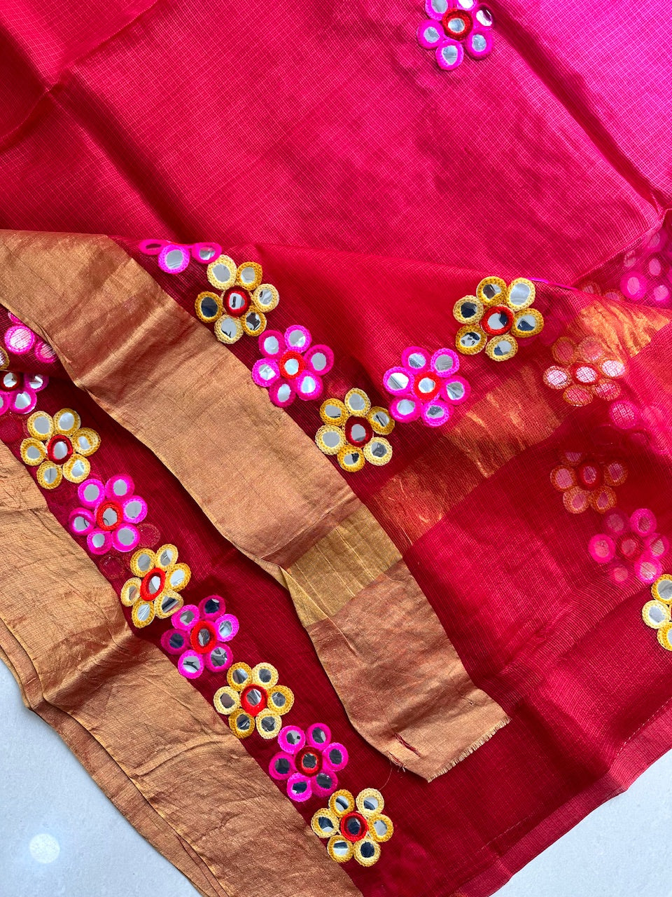 Pure Foil Mirror Embroidered Kota Silk Saree