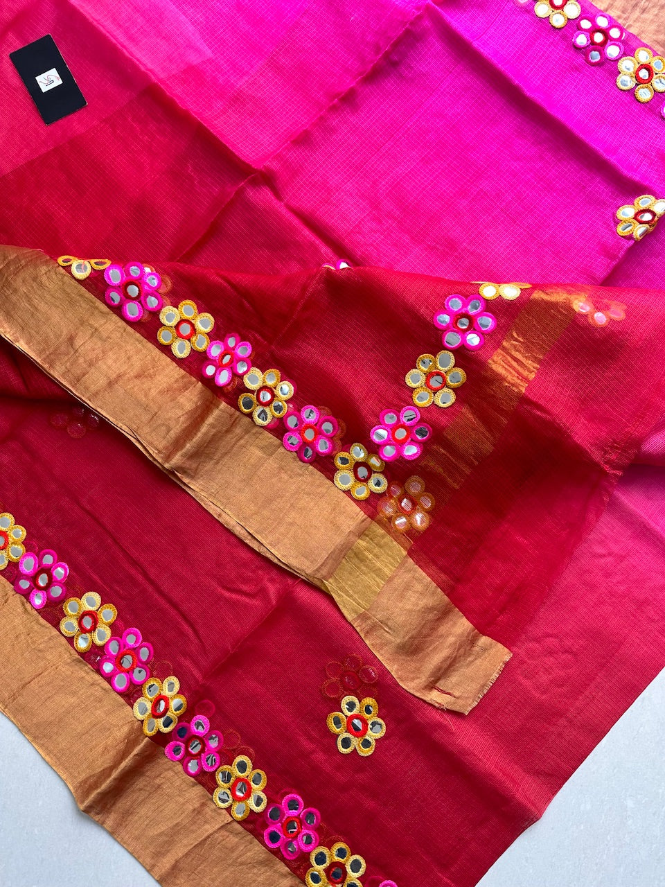 Pure Foil Mirror Embroidered Kota Silk Saree