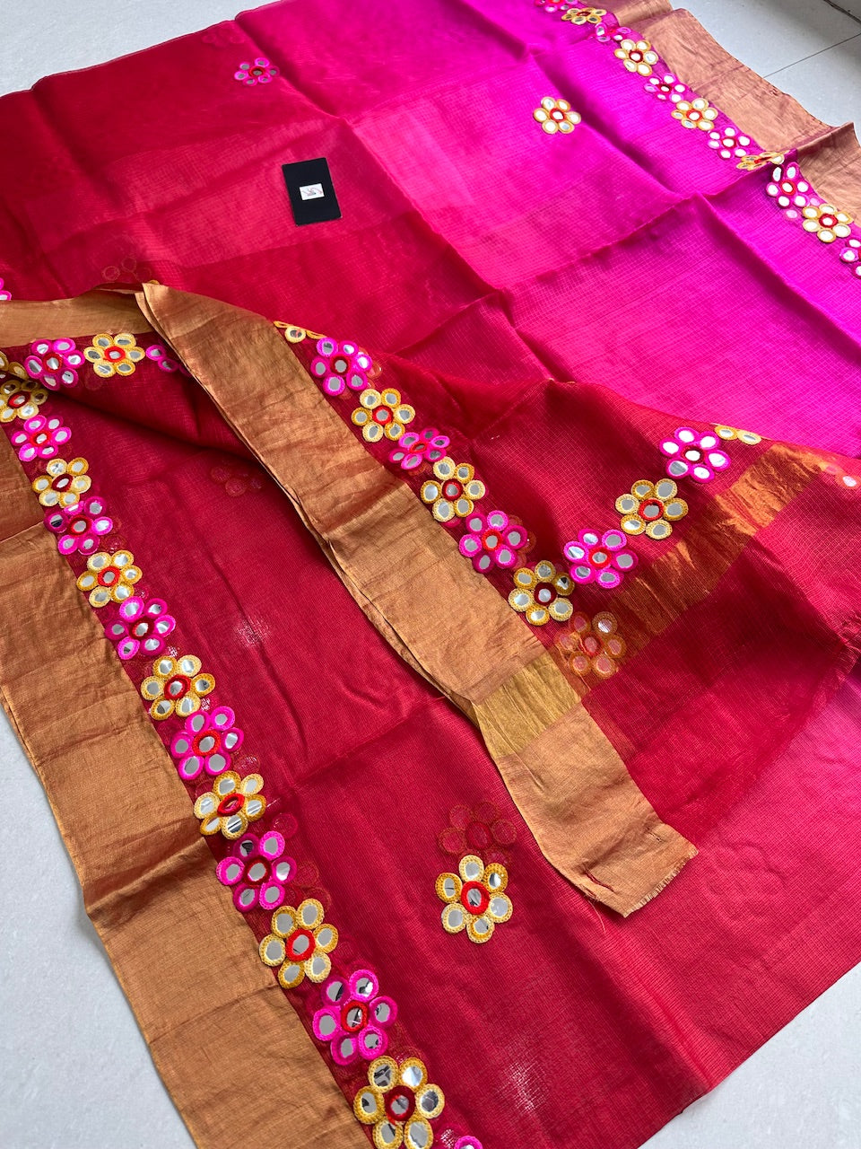 Pure Foil Mirror Embroidered Kota Silk Saree