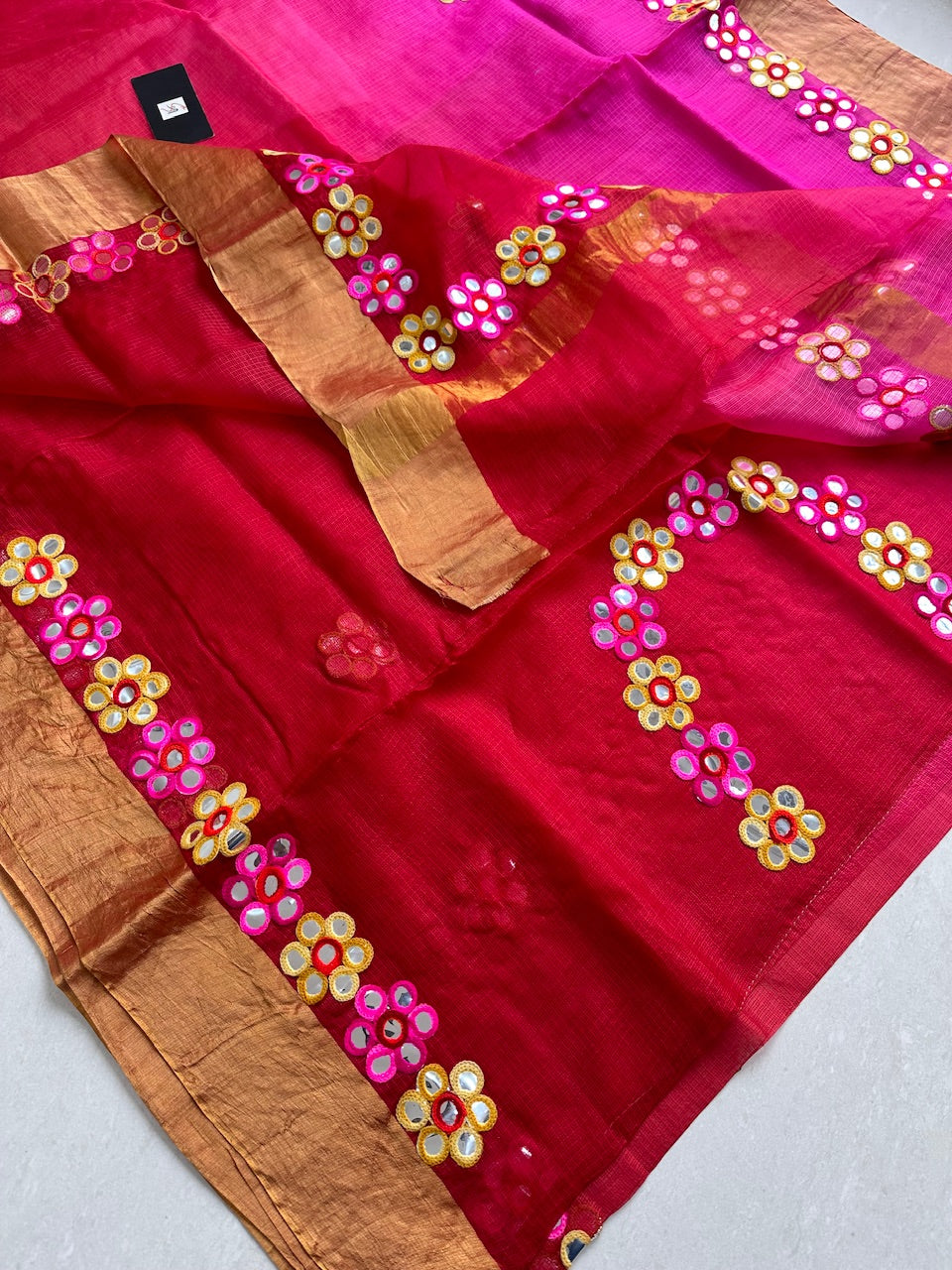 Pure Foil Mirror Embroidered Kota Silk Saree