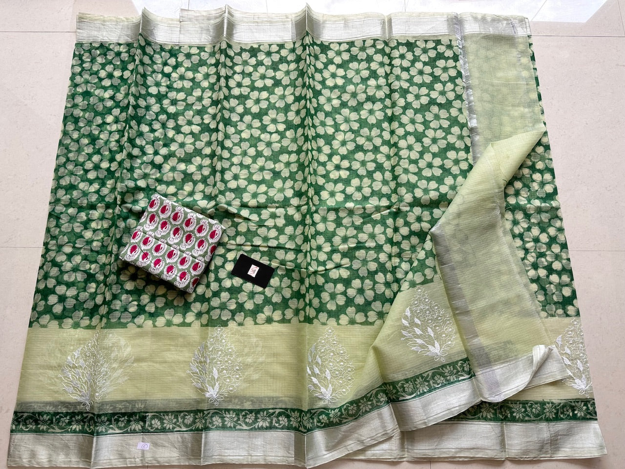 Embroidered HandBlock Printed Kota Cotton Doria Saree