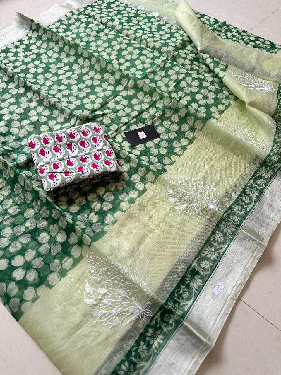 Embroidered HandBlock Printed Kota Cotton Doria Saree