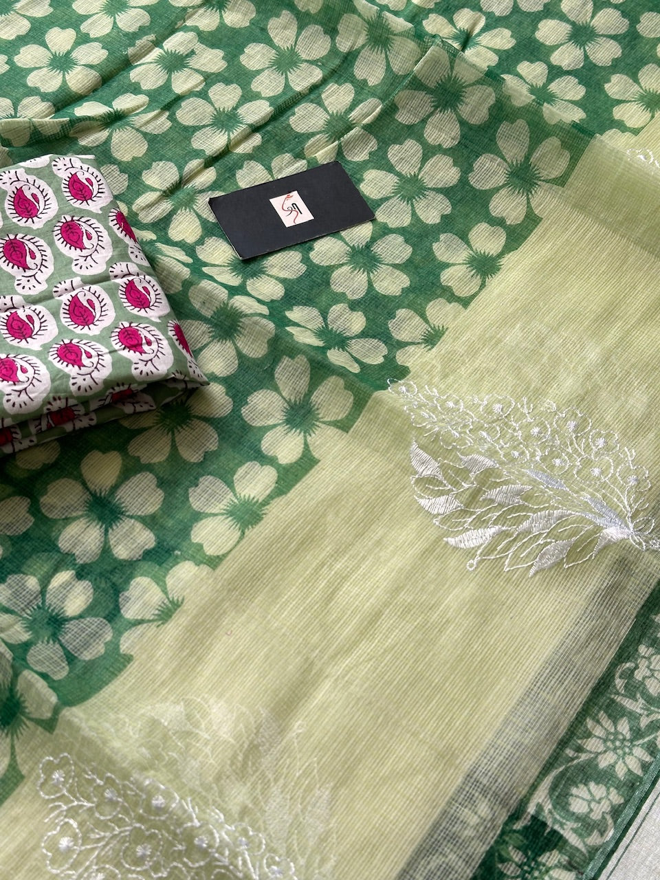 Embroidered HandBlock Printed Kota Cotton Doria Saree