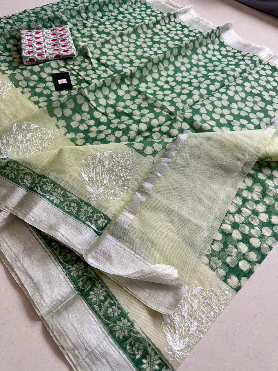 Embroidered HandBlock Printed Kota Cotton Doria Saree