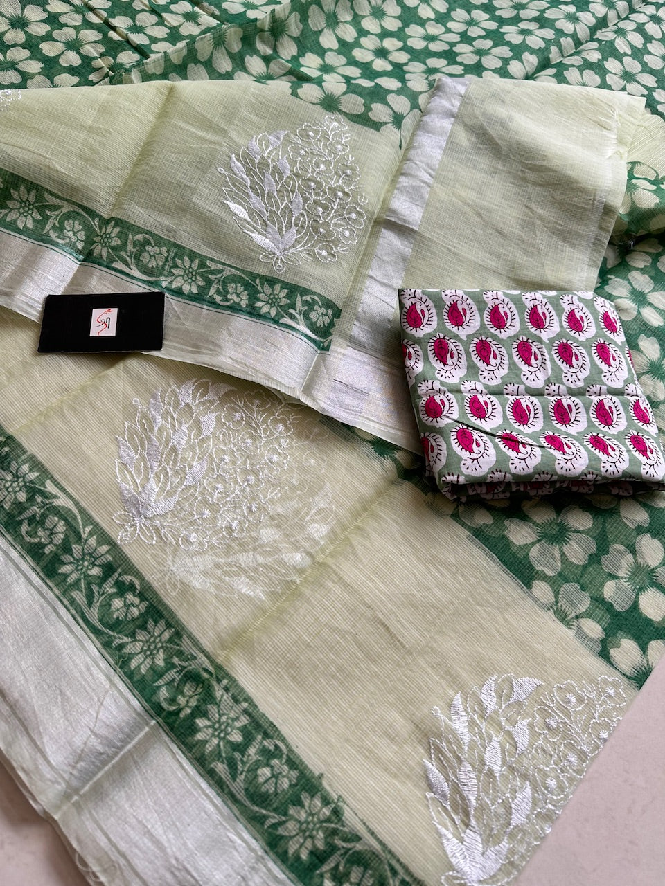 Embroidered HandBlock Printed Kota Cotton Doria Saree