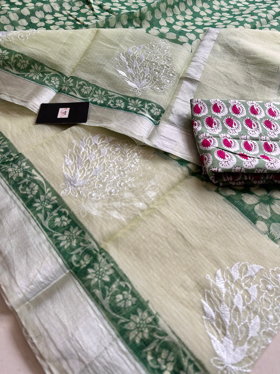 Embroidered HandBlock Printed Kota Cotton Doria Saree