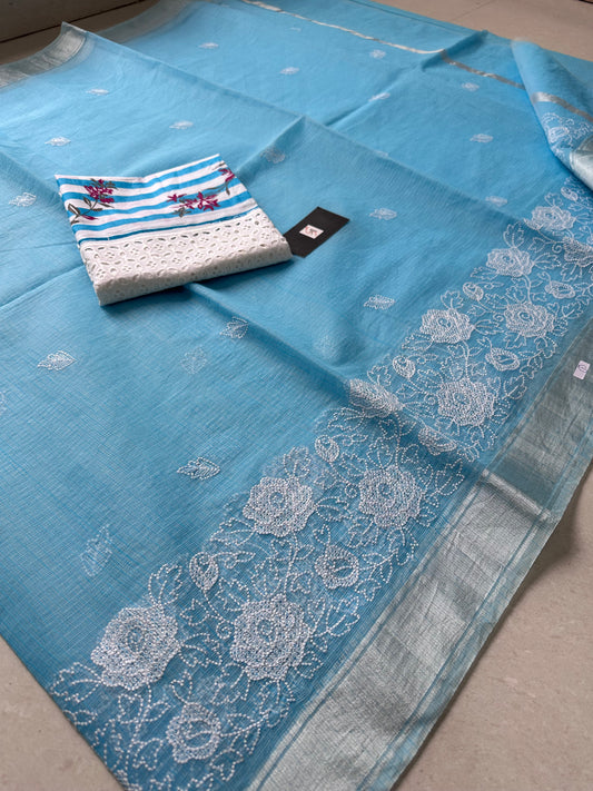 Embroidered Kota Cotton Doria Saree