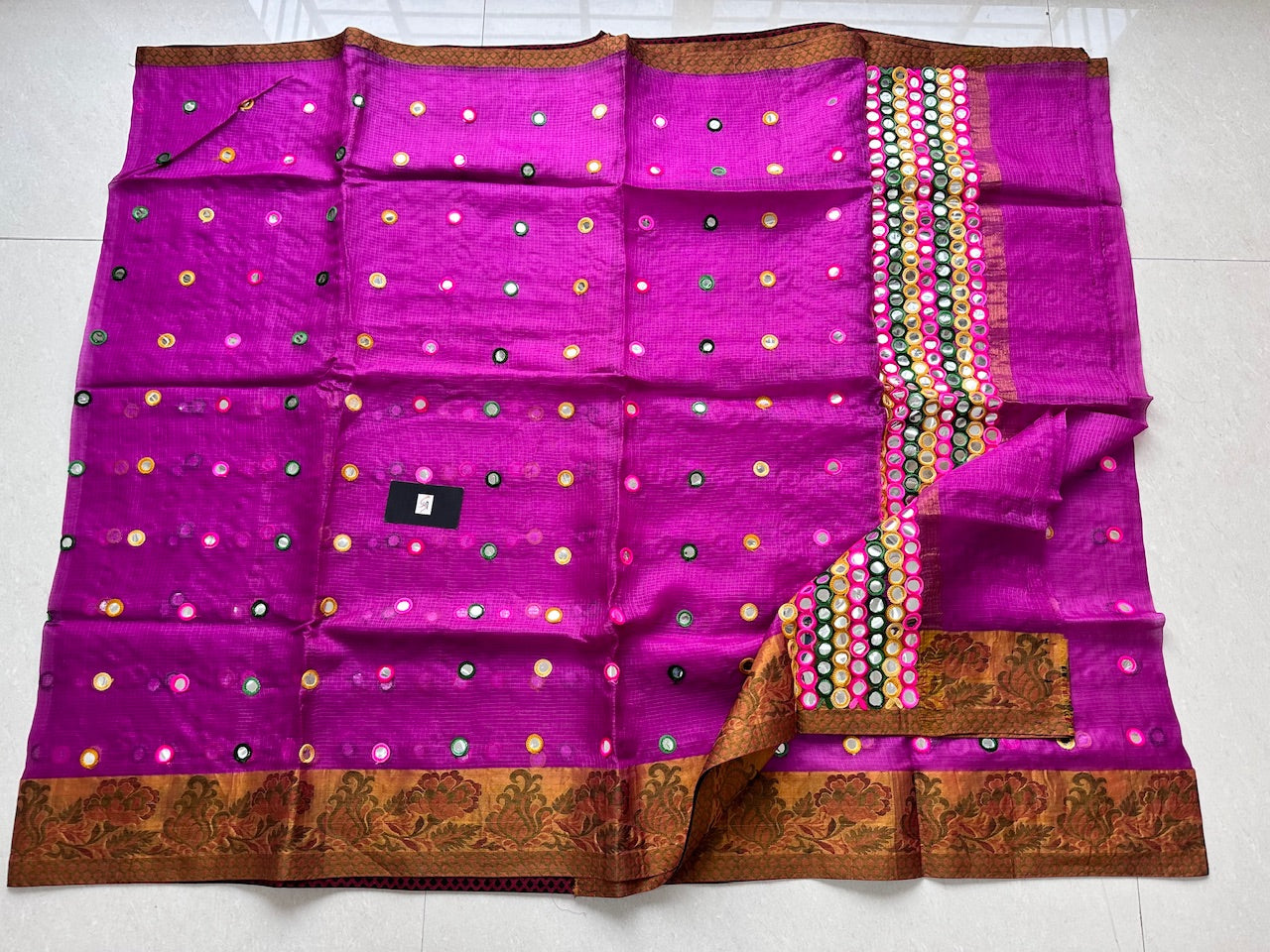 Pure Foil Mirror Embroidered Kota Silk Saree