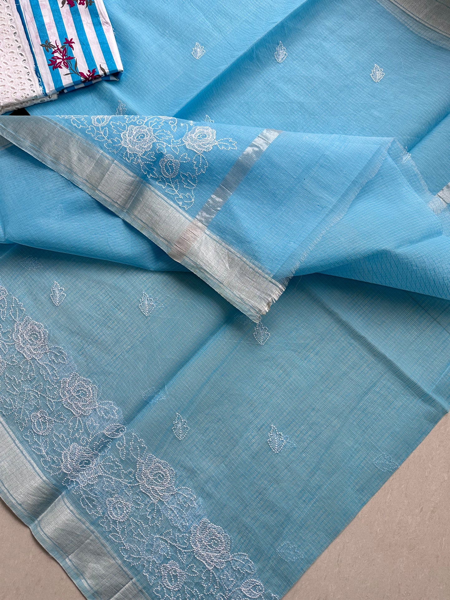 Embroidered Kota Cotton Doria Saree