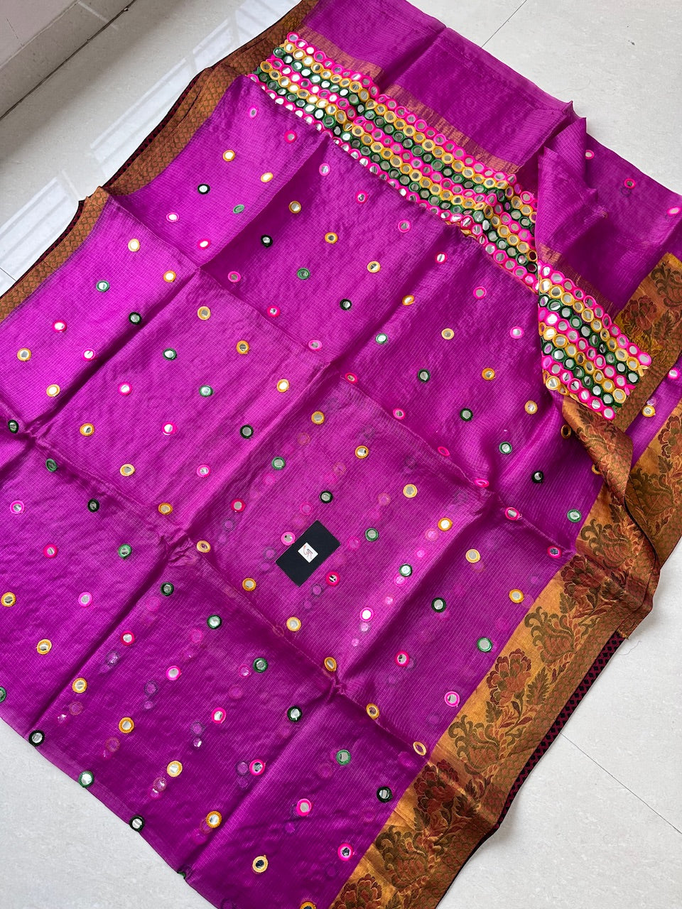 Pure Foil Mirror Embroidered Kota Silk Saree