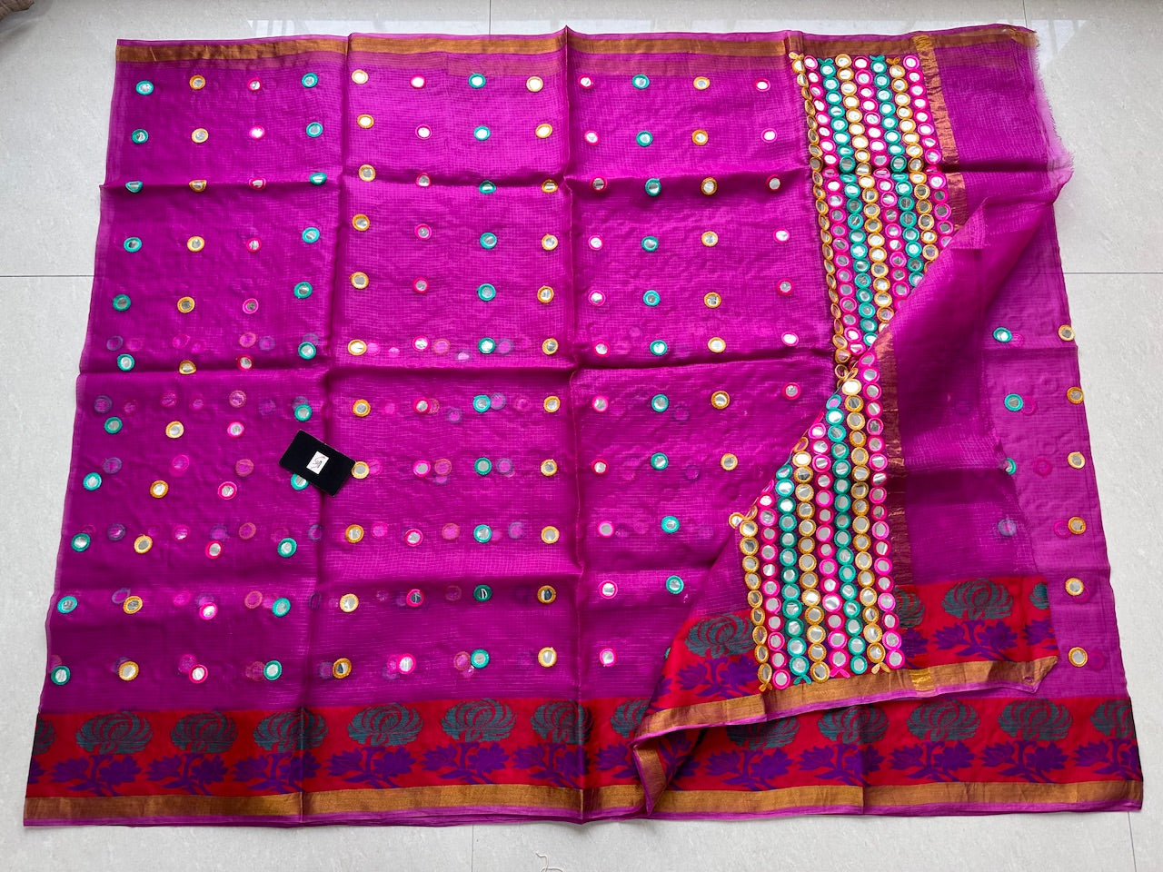 Pure Foil Mirror Embroidered Kota Silk Saree