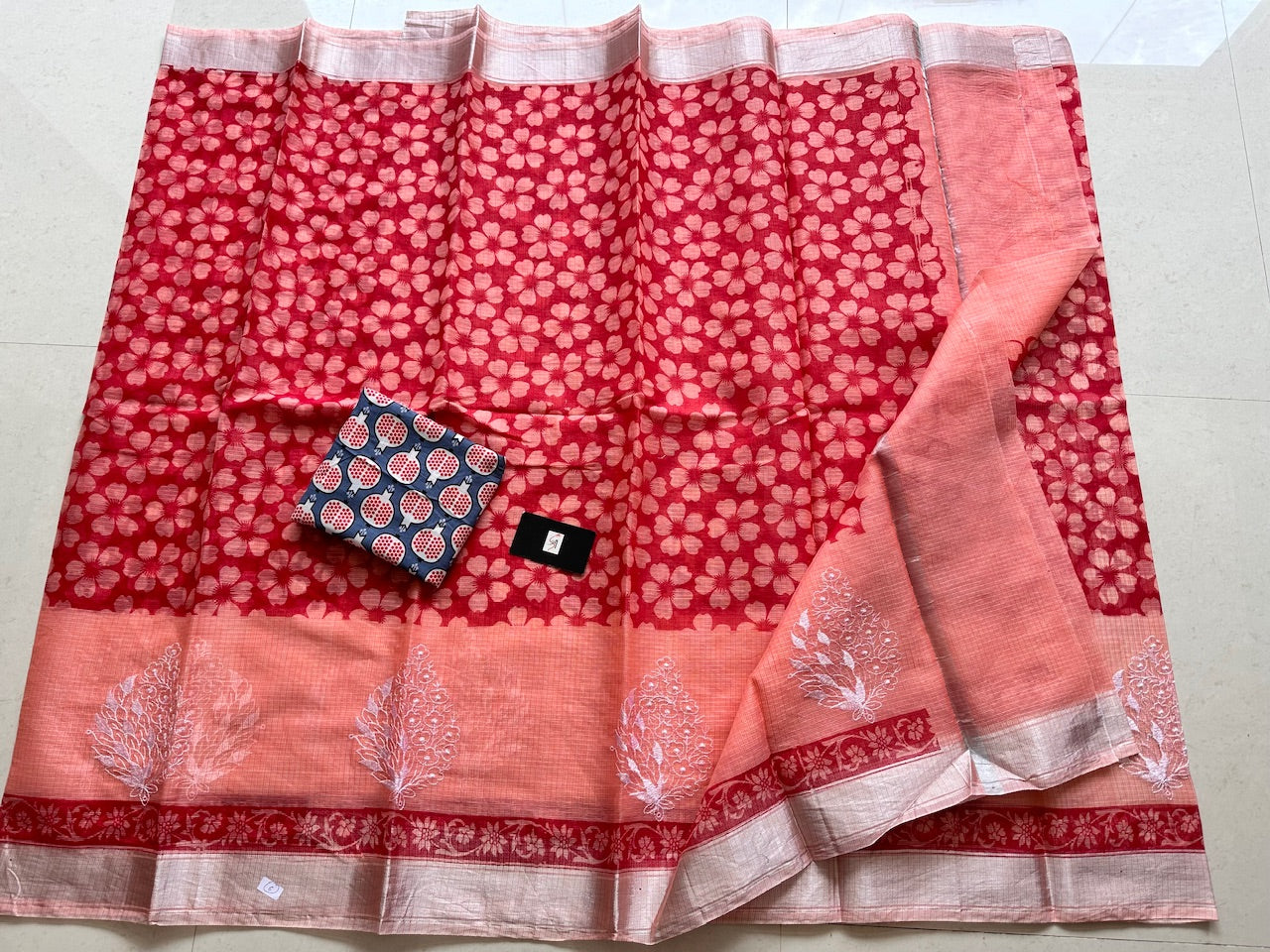 Embroidered HandBlock Printed Kota Cotton Doria Saree