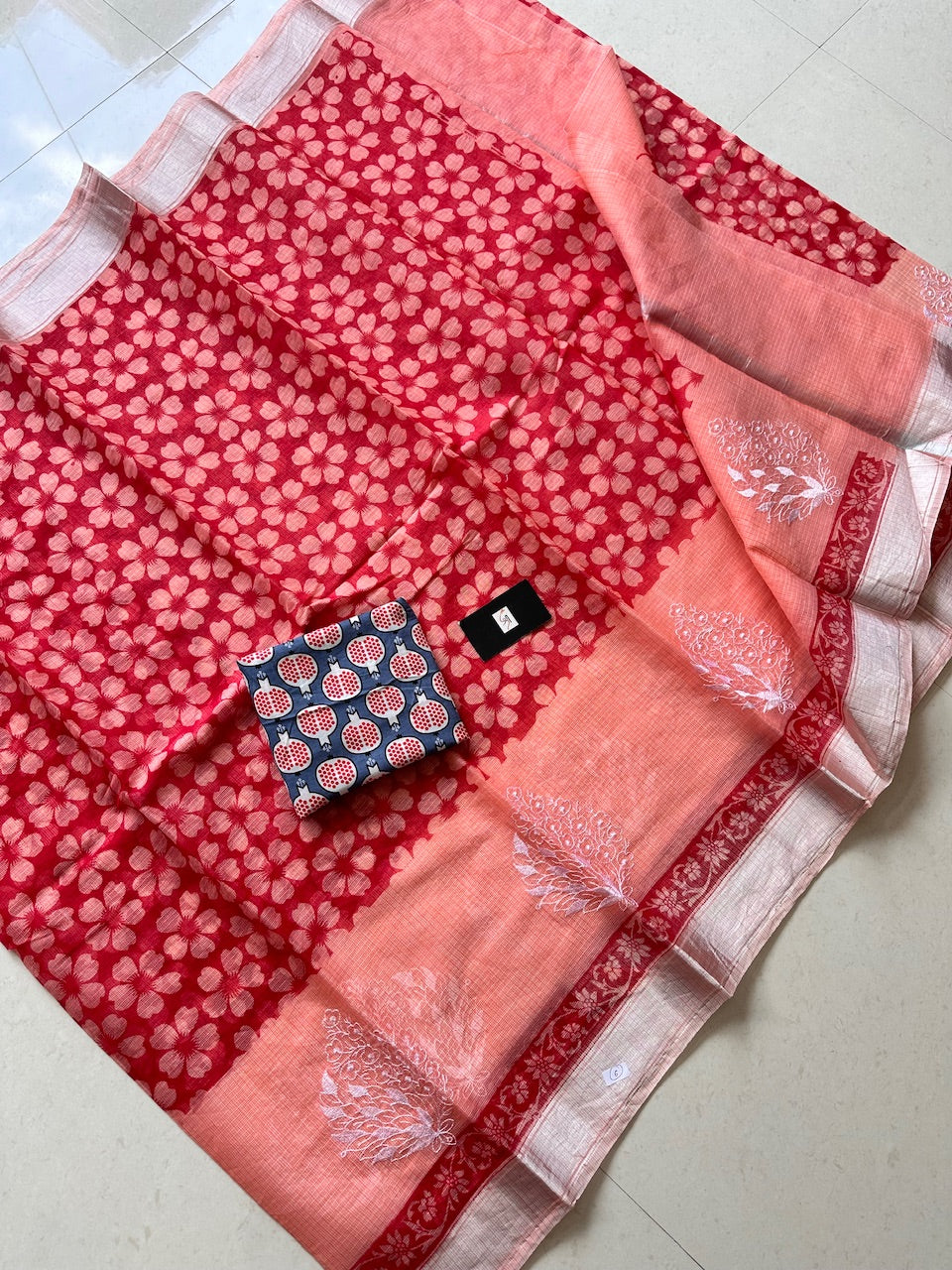 Embroidered HandBlock Printed Kota Cotton Doria Saree