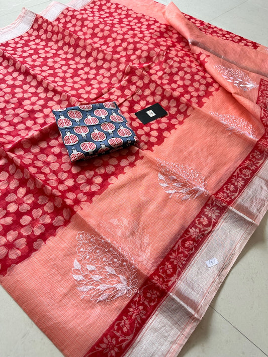 Embroidered HandBlock Printed Kota Cotton Doria Saree