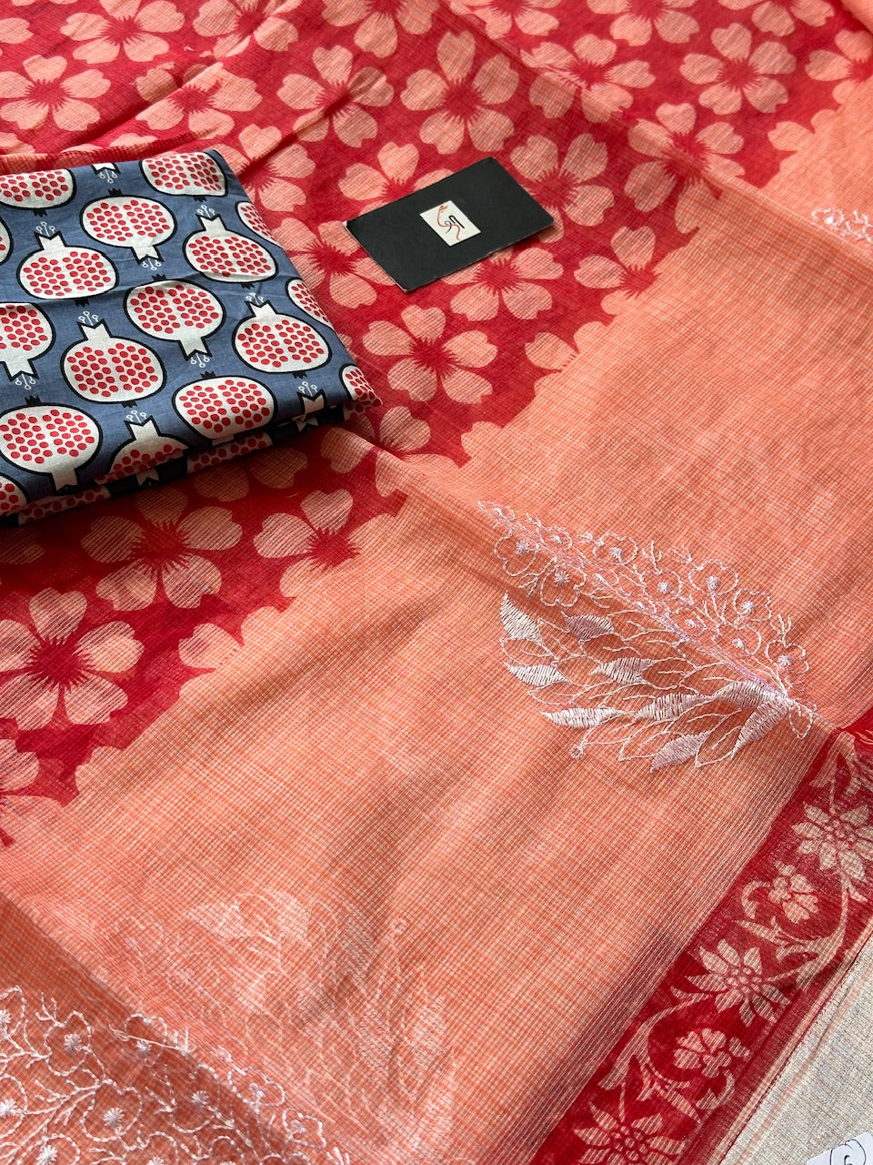 Embroidered HandBlock Printed Kota Cotton Doria Saree