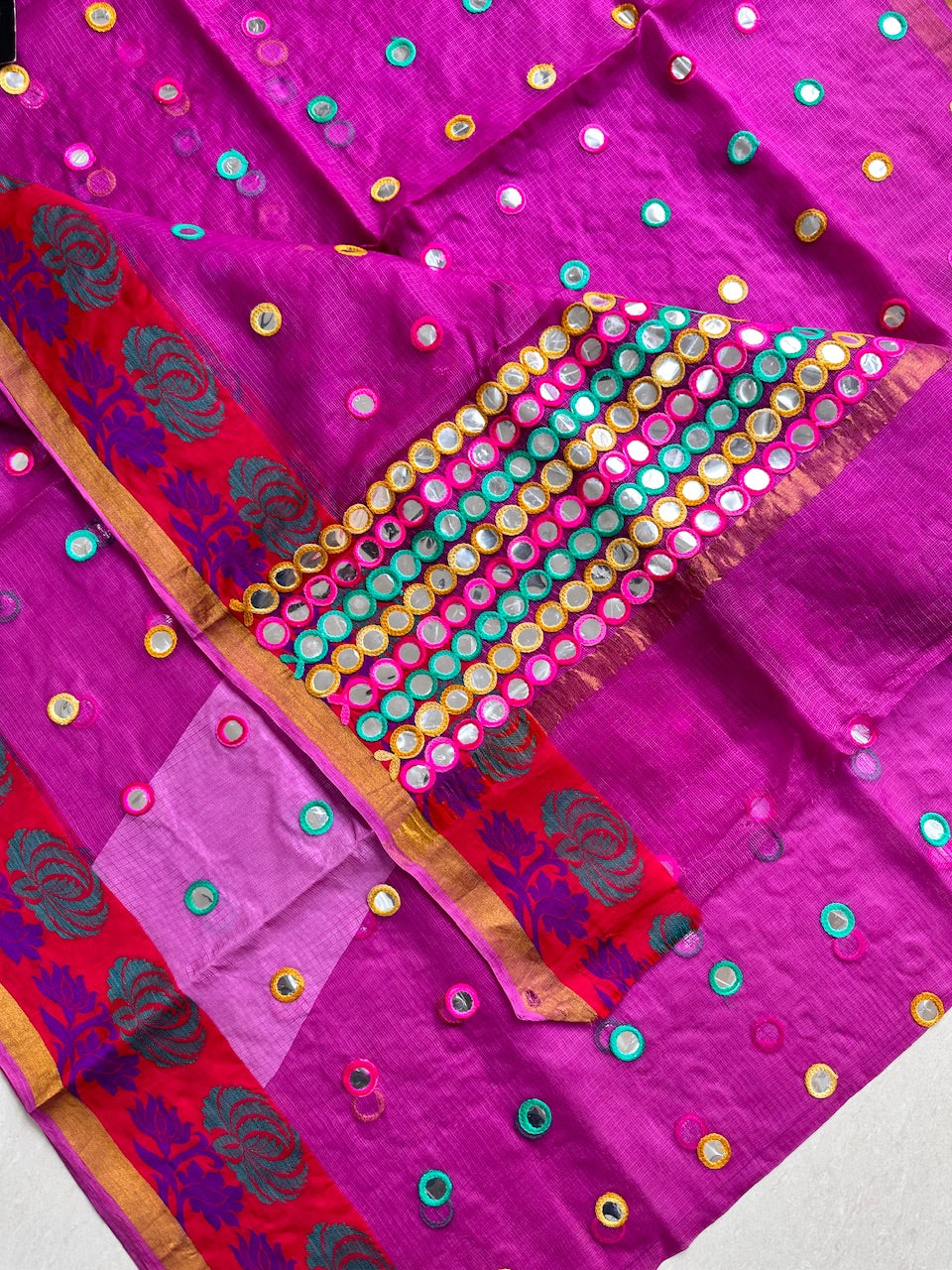 Pure Foil Mirror Embroidered Kota Silk Saree