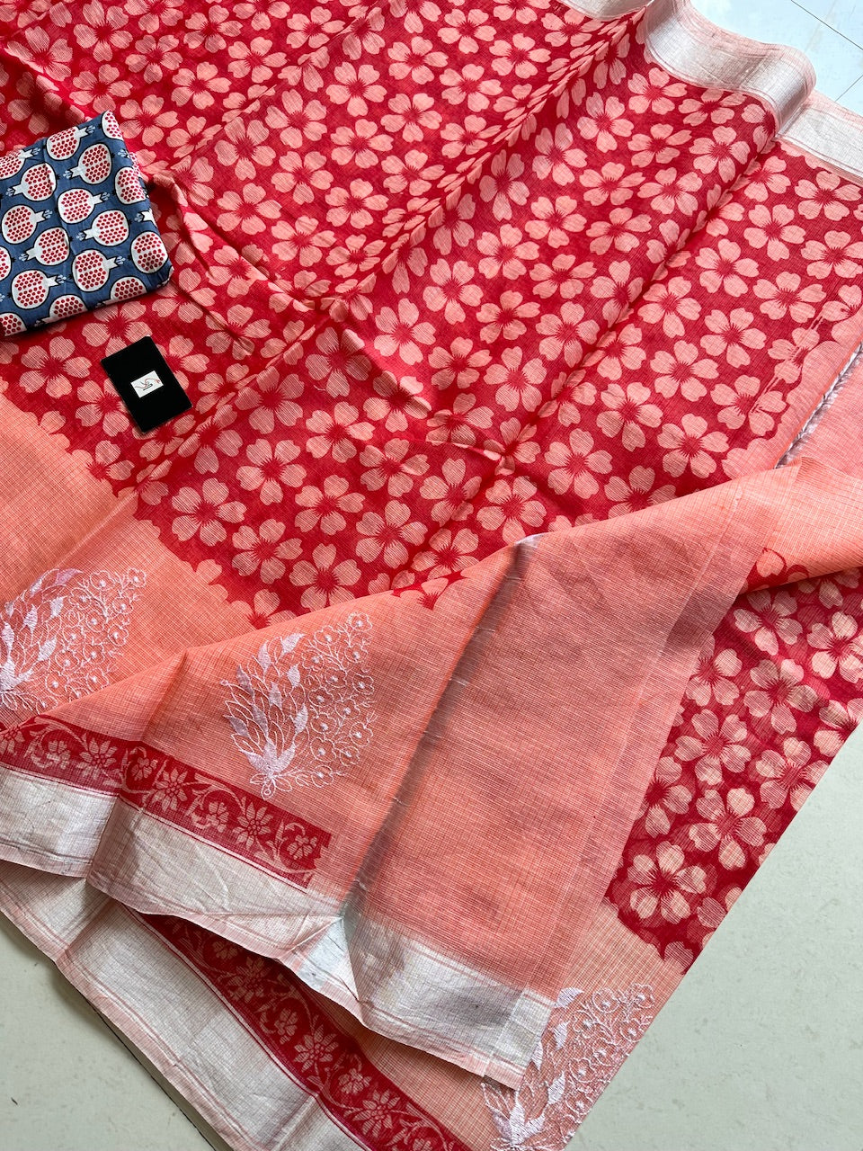 Embroidered HandBlock Printed Kota Cotton Doria Saree