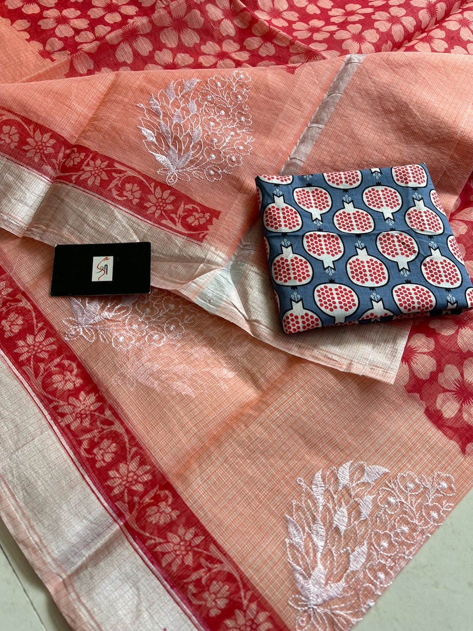 Embroidered HandBlock Printed Kota Cotton Doria Saree