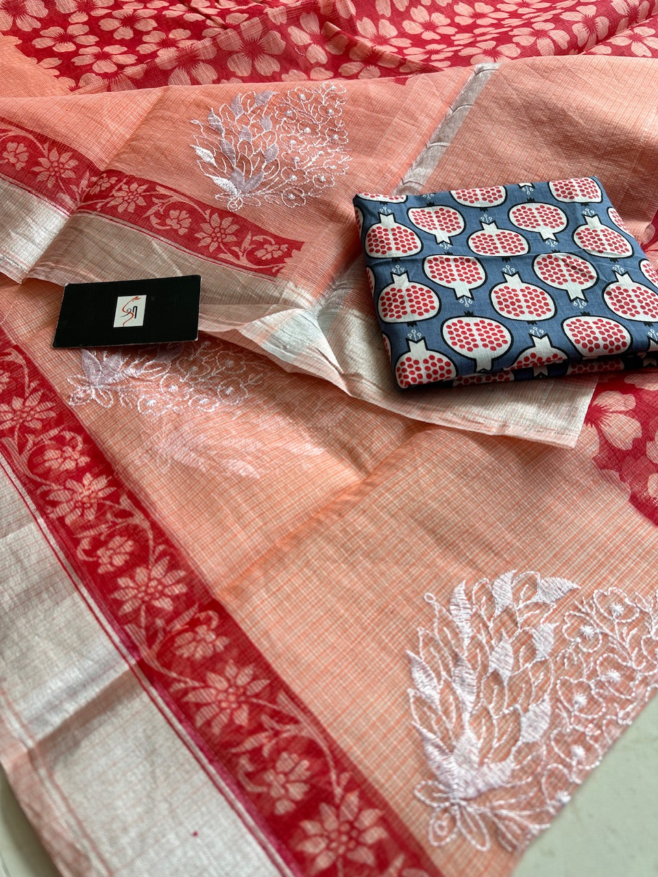 Embroidered HandBlock Printed Kota Cotton Doria Saree