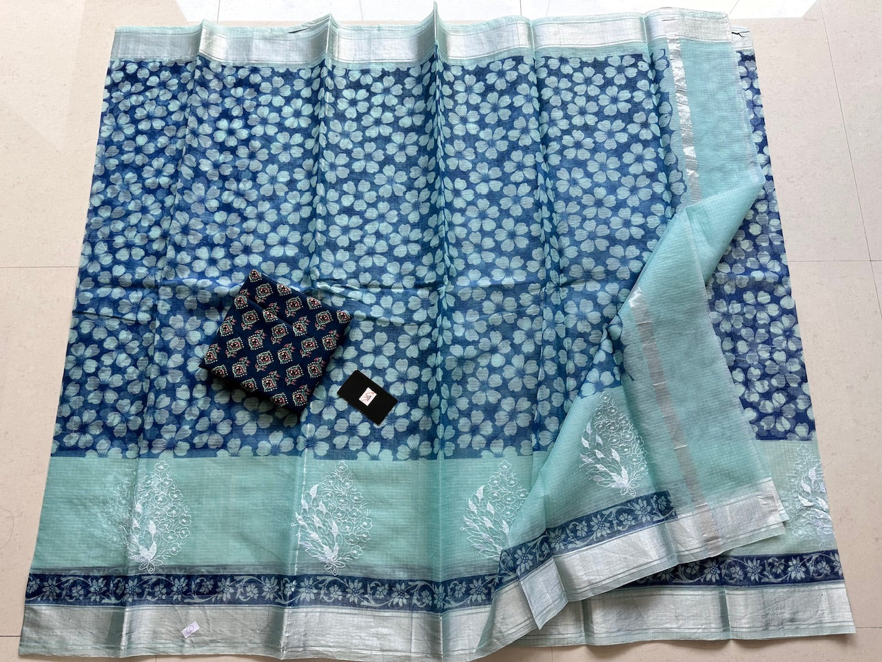 Embroidered HandBlock Printed Kota Cotton Doria Saree