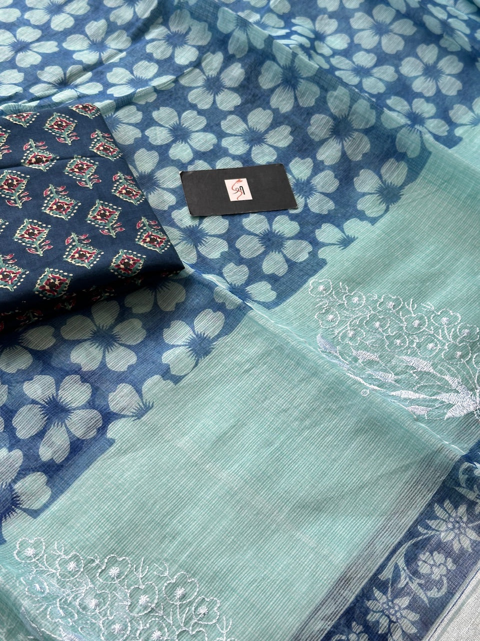 Embroidered HandBlock Printed Kota Cotton Doria Saree