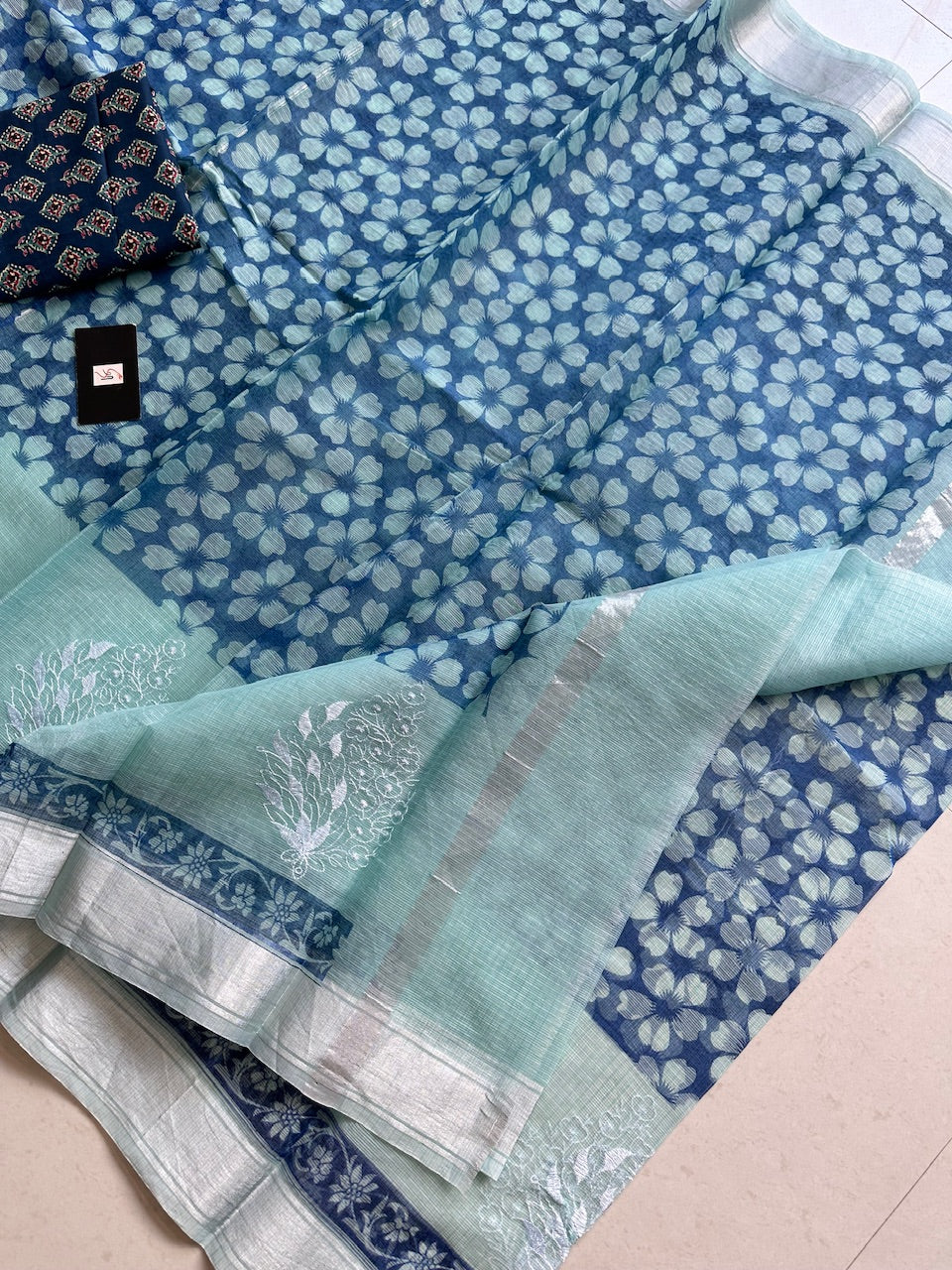 Embroidered HandBlock Printed Kota Cotton Doria Saree