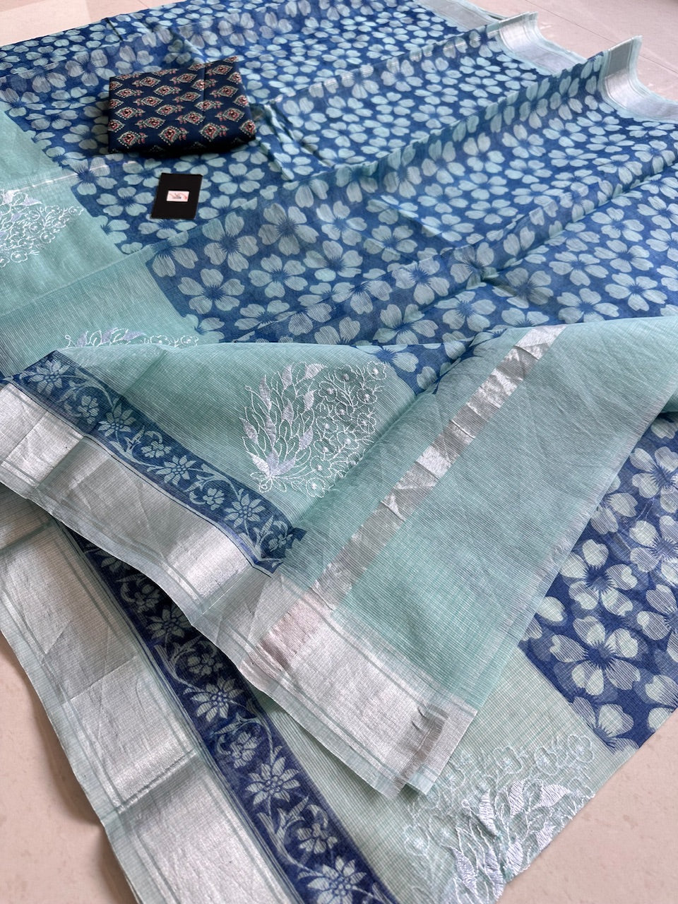 Embroidered HandBlock Printed Kota Cotton Doria Saree